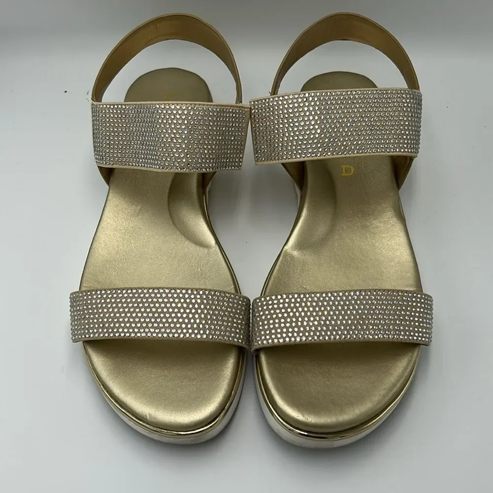 Unisa Rhinestone Embellished Gold Metallic Sling Back Comfort Sandals 9.5